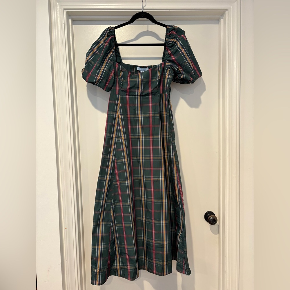 Hill House Navy Plaid Midi Dress with Puff Sleeves - Picture 3 of 5